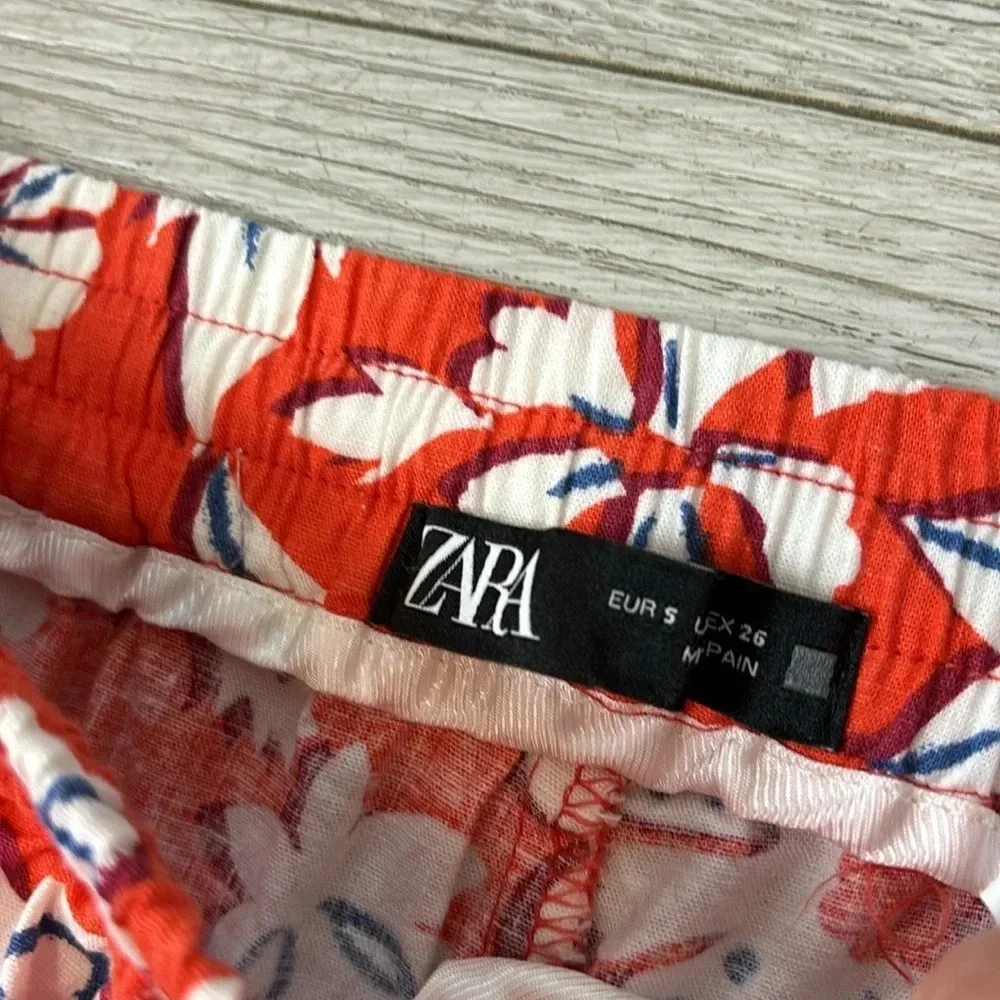 Zara Linen Blend Floral Printed Pants Trousers High Rise Wide Leg Size Small